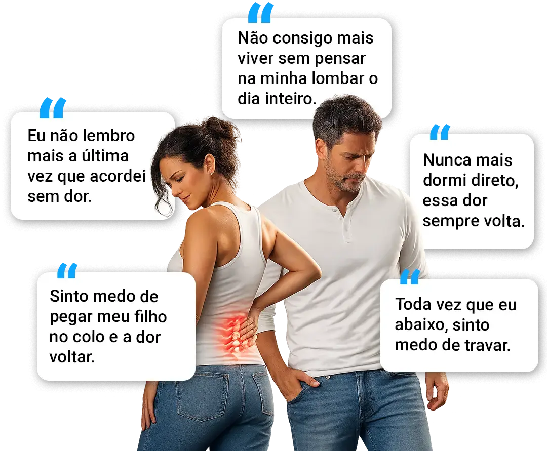 Casal com dor lombar cercado de pensamentos recorrentes de dor